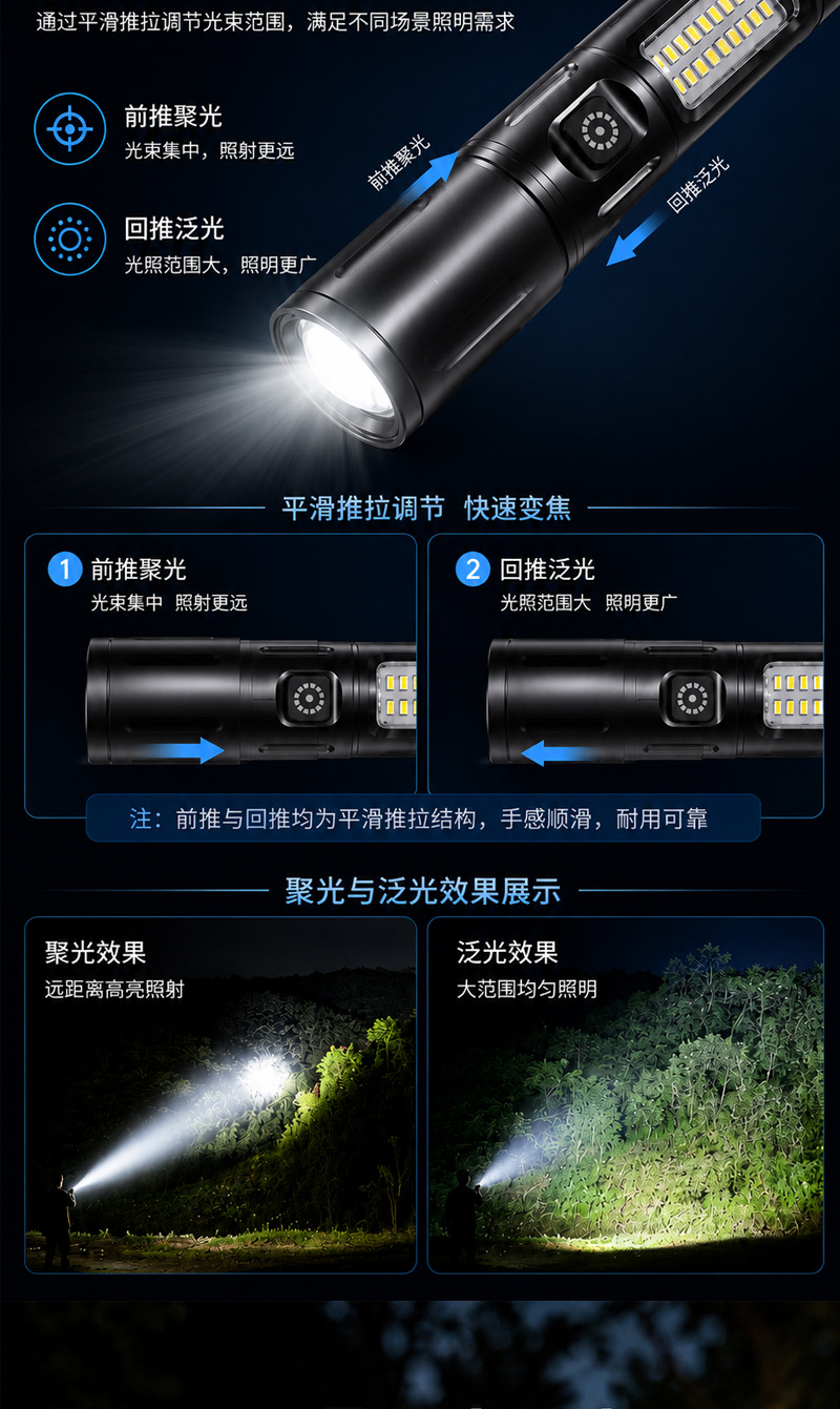 Cross-border LED high-brightness flashlight with zoom, portable outdoor lighting, white laser, USB rechargeable, warning work light