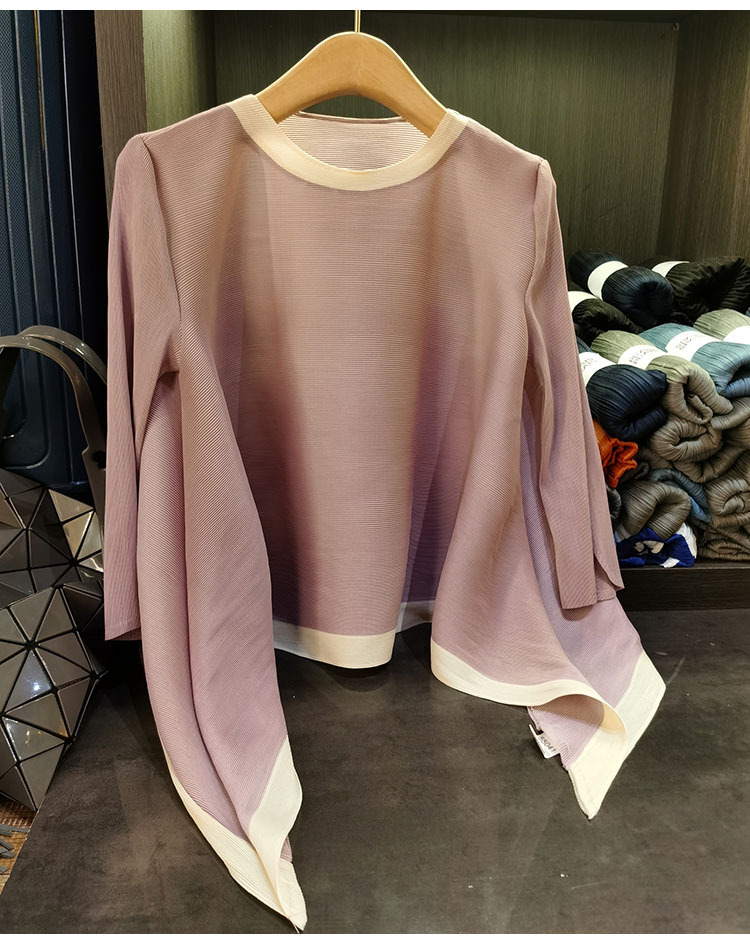 Áo thun nữ cổ tròn tay lỡ phối màu tương phản, dáng rộng xếp ly bất đối xứng — Màu xanh, Màu tím hồng, Màu đỏ hoa hồng, Màu hồng chi tiết 9