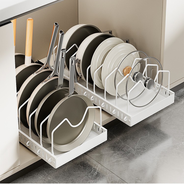 Adjustable Pot Storage Rack Kitchen Pull-Out Storage Rack Cabinet Organizer Countertop Dish Rack Pot Lid Rack Pot Holder