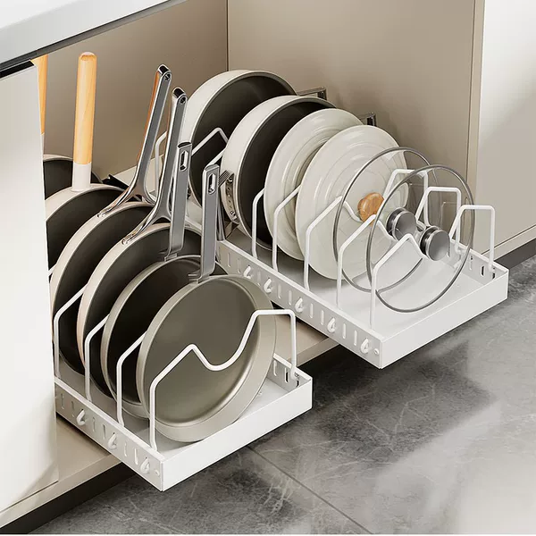 Adjustable Pot Storage Rack Kitchen Pull-Out Storage Rack Cabinet Organizer Countertop Dish Rack Pot Lid Rack Pot Holder