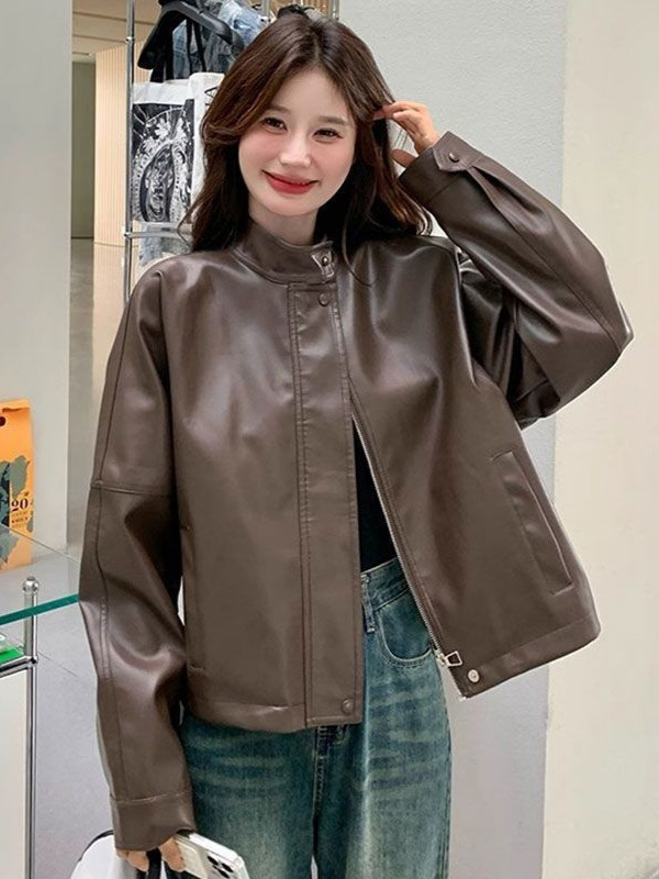 美拉德皮夹克咖色皮衣外套女2025年秋冬季新款港风宽松机车服上衣|undefined