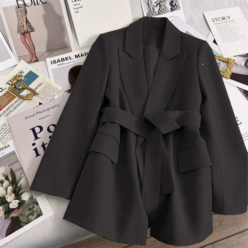 Черный женский пиджак 2025 весна-осень новый корейский стиль slim fit элегантный модный на шнуровке маленький костюмный топ