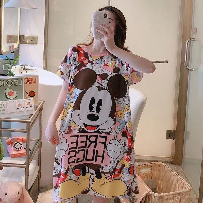 Spot falda de mujer viento perezoso talla grande camisón de mujer manga corta suelta y cómoda cuello redondo lindo vestido de casa con estampado de dibujos animados