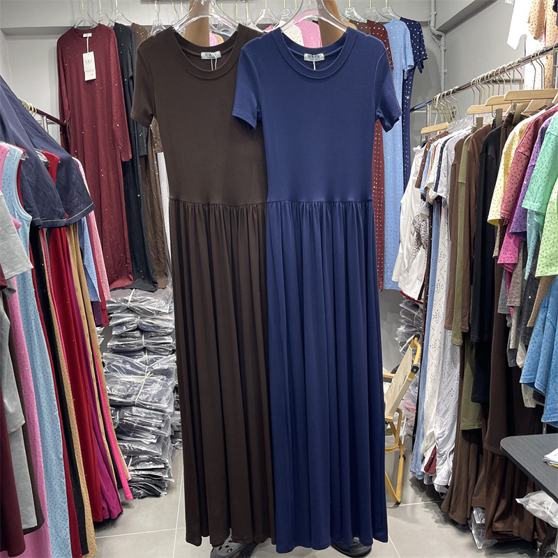 European and American Foreign Trade Cross-Border Round-Neck Short-Sleeved Dress for Women, New Summer Style, Elegant High-Elastic Waist-Cinching Super Long Skirt