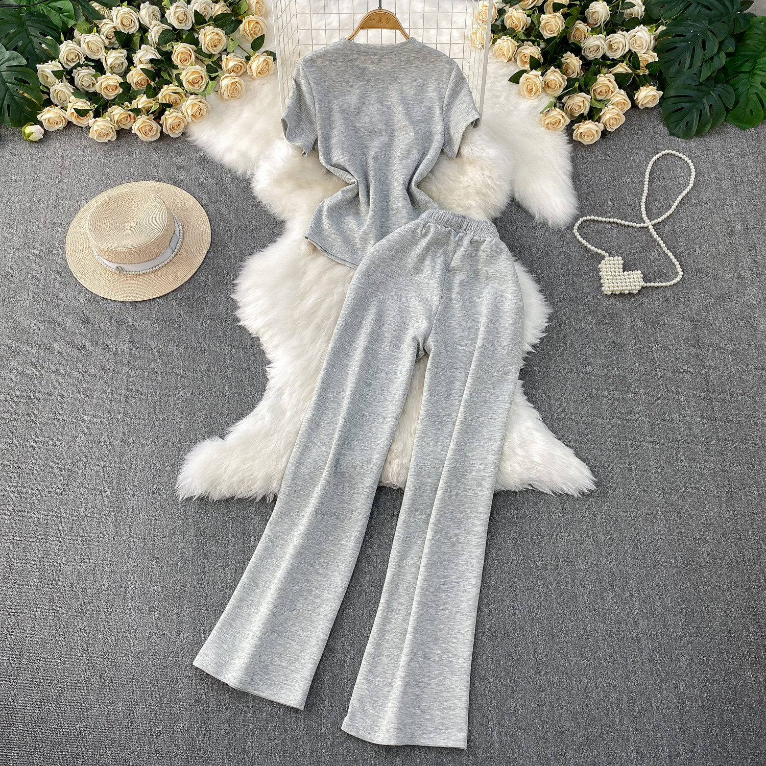 Women's Two Piece Set Denim Short Sleeved Top High-Waisted Slim Straight Leg Pants Fashion Slimming Wide Leg_ecoleips.com