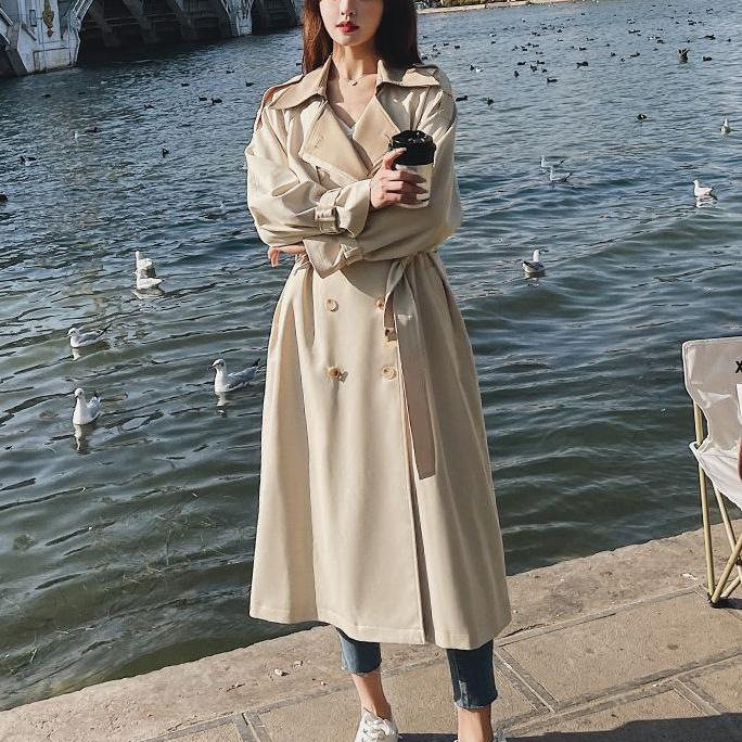 Áo khoác trench coat nữ dáng dài trung bình, form rộng, cổ vest, tay dài, phong cách thanh lịch — Màu be (chất lượng cao cấp)