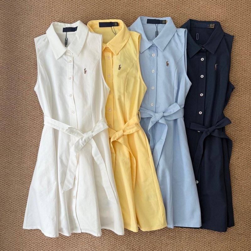 [Original Label with Qr Code] Ralph Skirt with White Moonlight Pony Logo, Sleeveless Tie-Up Embroidered Polo Dress