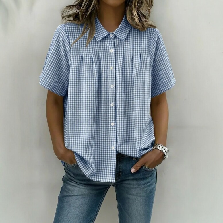 Women's Clothing Summer Women's Plaid Short Sleeve Shirt Casual Lapel Fashionable Versatile Style Top For Formal & Casual For Women_ecoleips.com