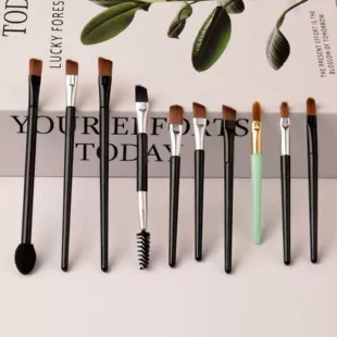Makeup Brush Set, 11-Piece Multi-Tool Kit, aluminum ferrule, assorted eye & lip tips