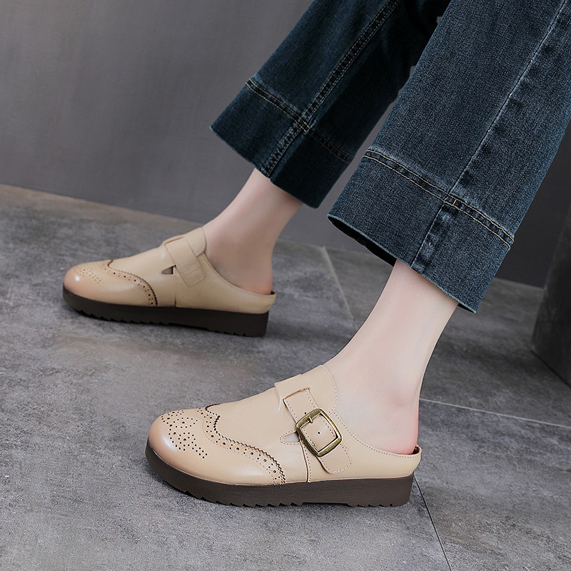 Mule nữ da bò thật mũi nhọn hở gót đế dày phong cách lười — màu mơ