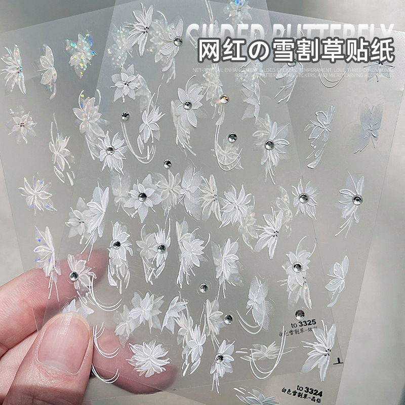 Pegatinas para uñas, diseño moderno de nieve y hierba, populares en 2025, elegantes, con cristales de diamante, tridimensionales, blancas, semitransparentes, florales, delgadas y flexibles