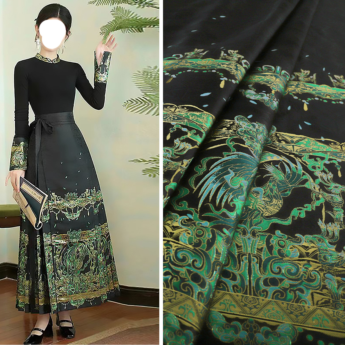 《商周鸟》国风提花缎马面裙新中式面料织金妆花源头厂家批发