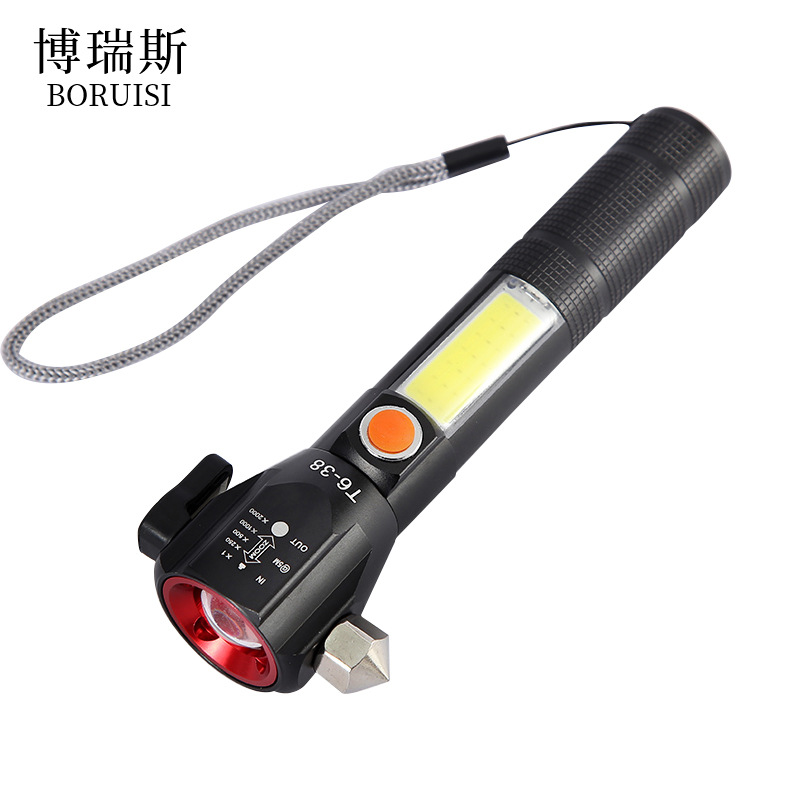 Cross-border T6 wild survival fire rescue vehicle-mounted safety hammer flashlight LED outdoor charging strong light window breaker