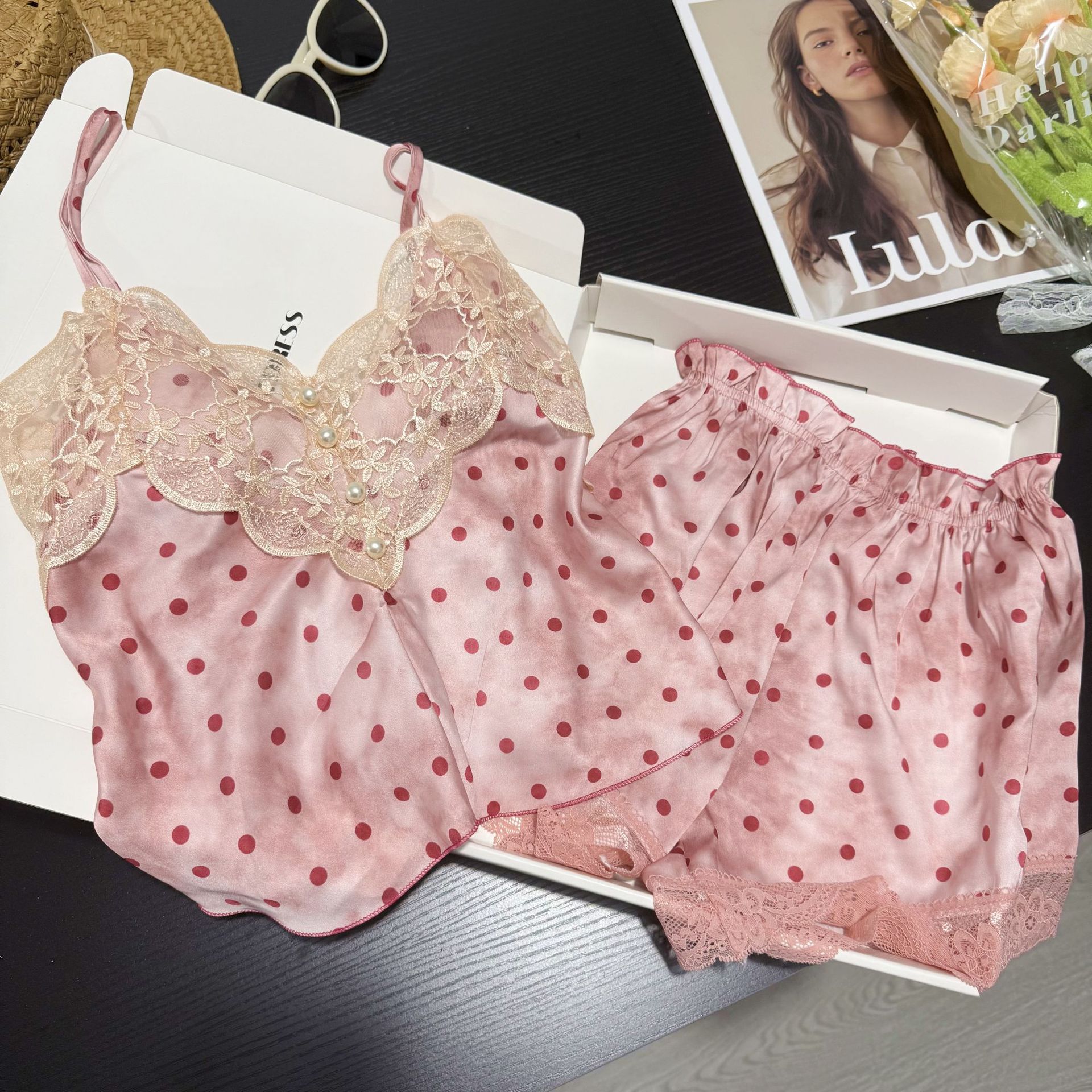 Ice Silk Pajamas for Women Summer Internet Celebrity Polka Dot Sexy Suspender Shorts Pure Lust Style with Breast Pad Pajamas Sexy Three-Piece Set