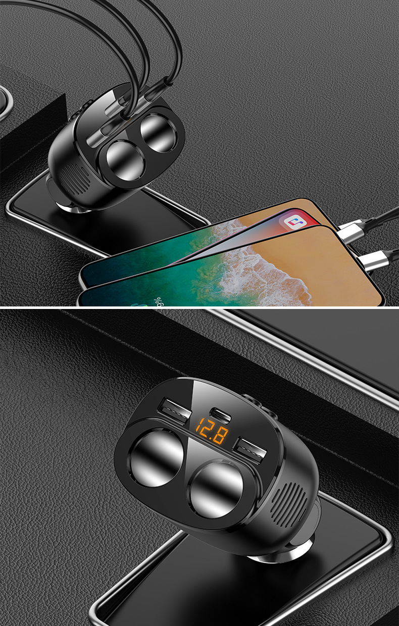 Pd30W+Qc3.0 Fast Charging Car Charger 5-in-1 Dual Cigarette Lighter Adapter Multifunctional Car Charger