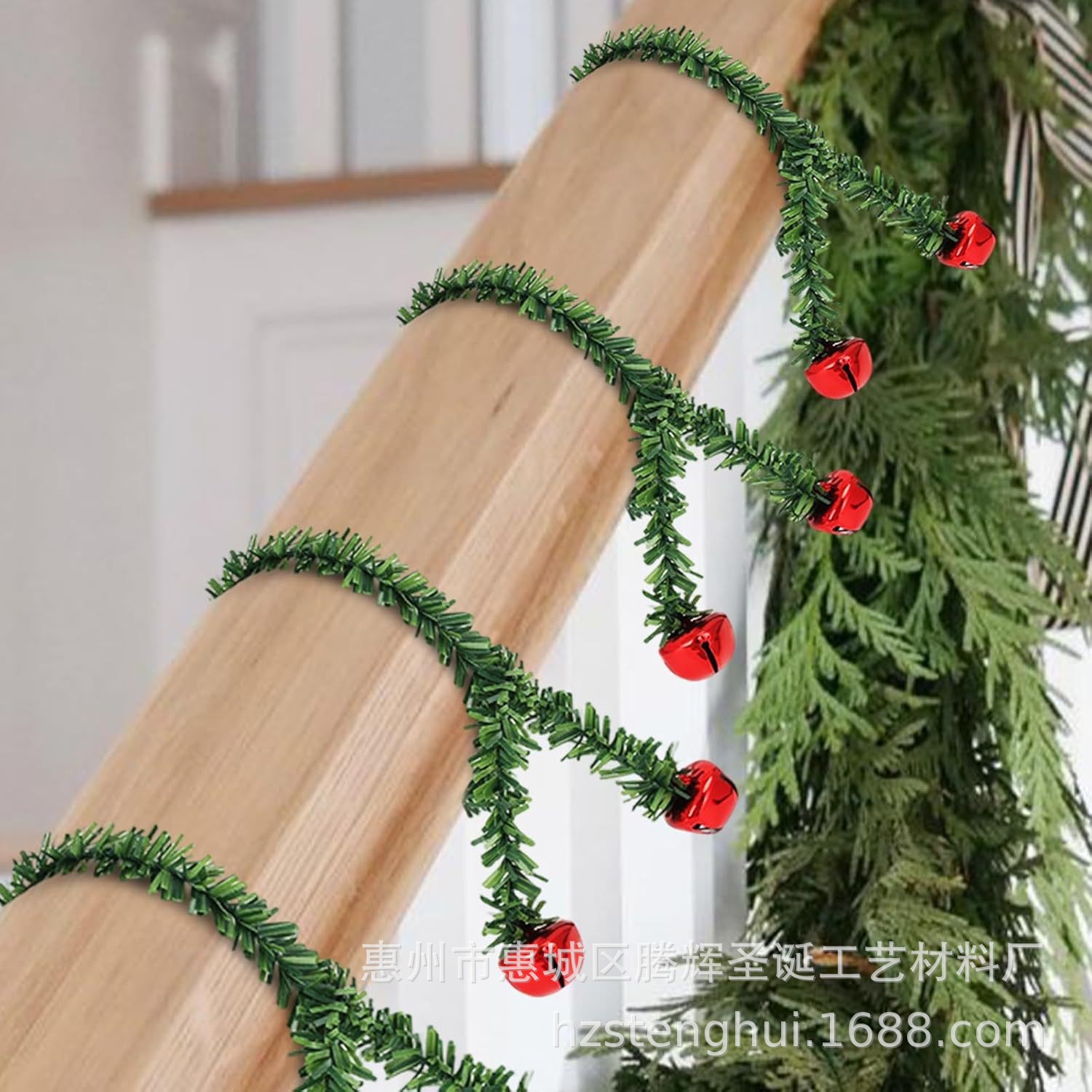 Cross-border bestseller: Artificial pine needle Christmas garland with red bells for stair railing decoration and Christmas door hanging arrangement