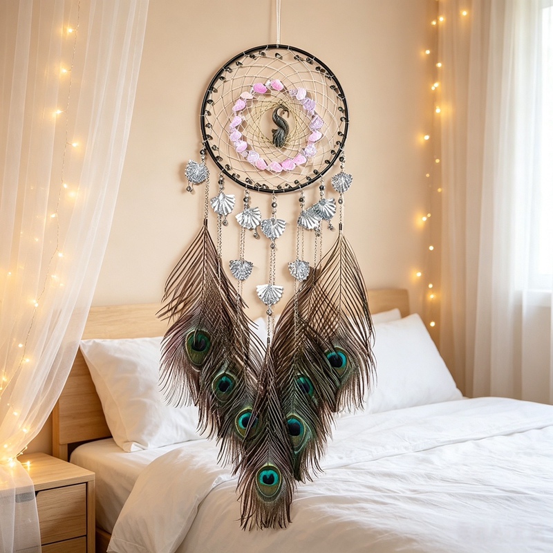 Cross-border peacock feather dream catcher ornaments wind chimes hand-woven bell dream catcher pendant room wall decoration wholesale