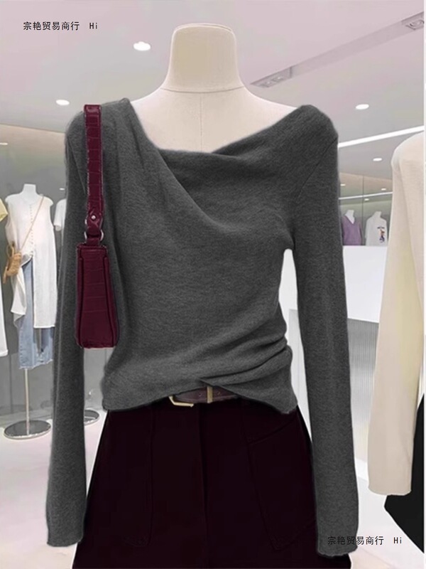 Irregular Collar Knitted Sweater Top for Small People, Wool Slim Sweater Bottoming Shirt for Women, Autumn Inner Wear That Can Be Worn Outside