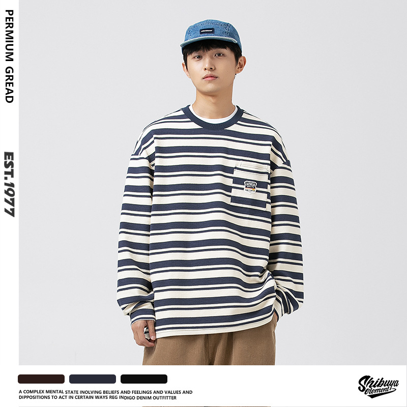 Japanese Retroy Ptripe Long-sleeved Sweatshirt Men's Autumn Round Neck Patch Pocket Thin Long-sleeved T-shirt Top