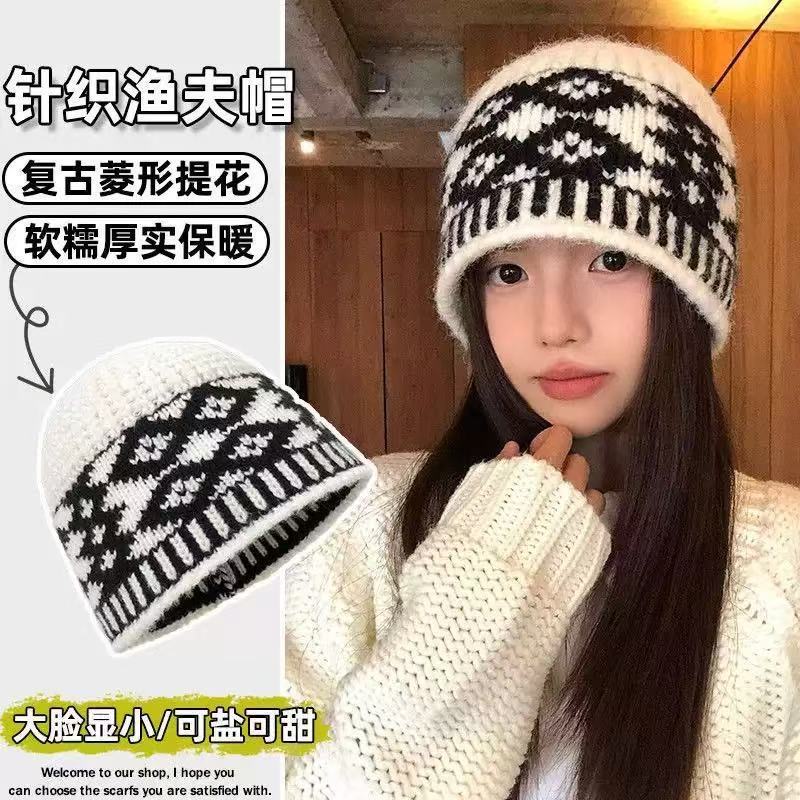 跨境批发针织帽子女秋冬羊毛混纺复古毛线帽保暖大头围冷帽包头帽|undefined