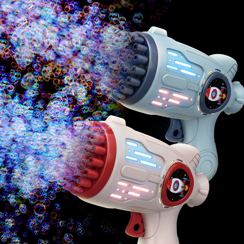 Explosiva transfronteriza máquina de soplado de burbujas de 32 orificios de mano con pistola de burbujas espacial completamente automática, puesto de regalo para niños de juguete al por mayor