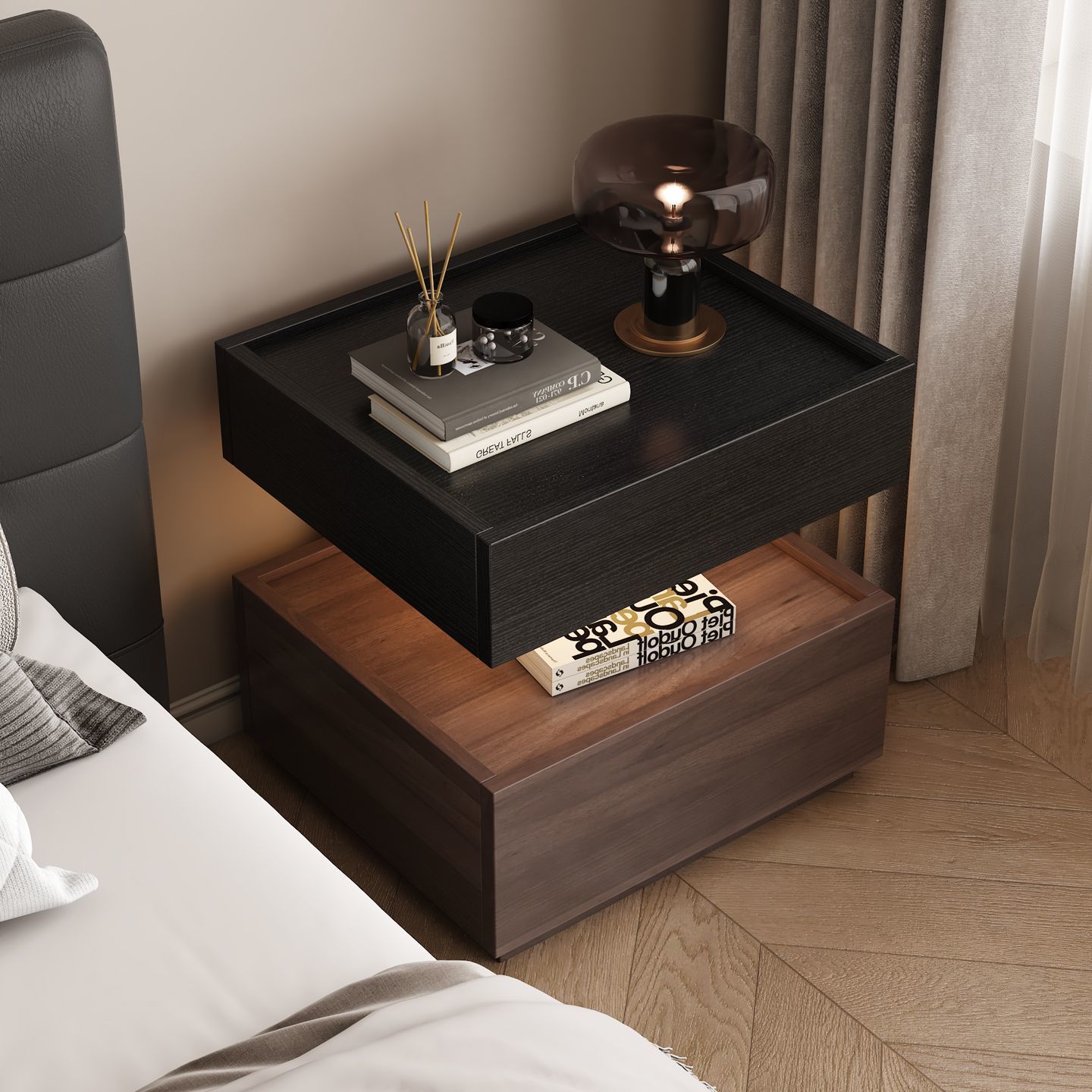 Suspended Bedside Table Italian Minimalist Style Integrated Bedside Table with Light Light Luxury High-End Home Bedroom Storage