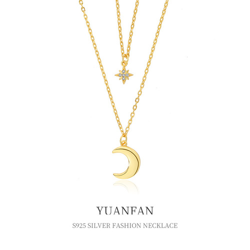 Yuanfan s925 sterling silver double layer moon necklace women's niche eight-pointed star zircon clavicle chain autumn and winter sweater chain