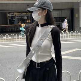 甜酷辣妹撞色拼接立领长袖T恤女紧身秋季气质修身显瘦短款上衣女