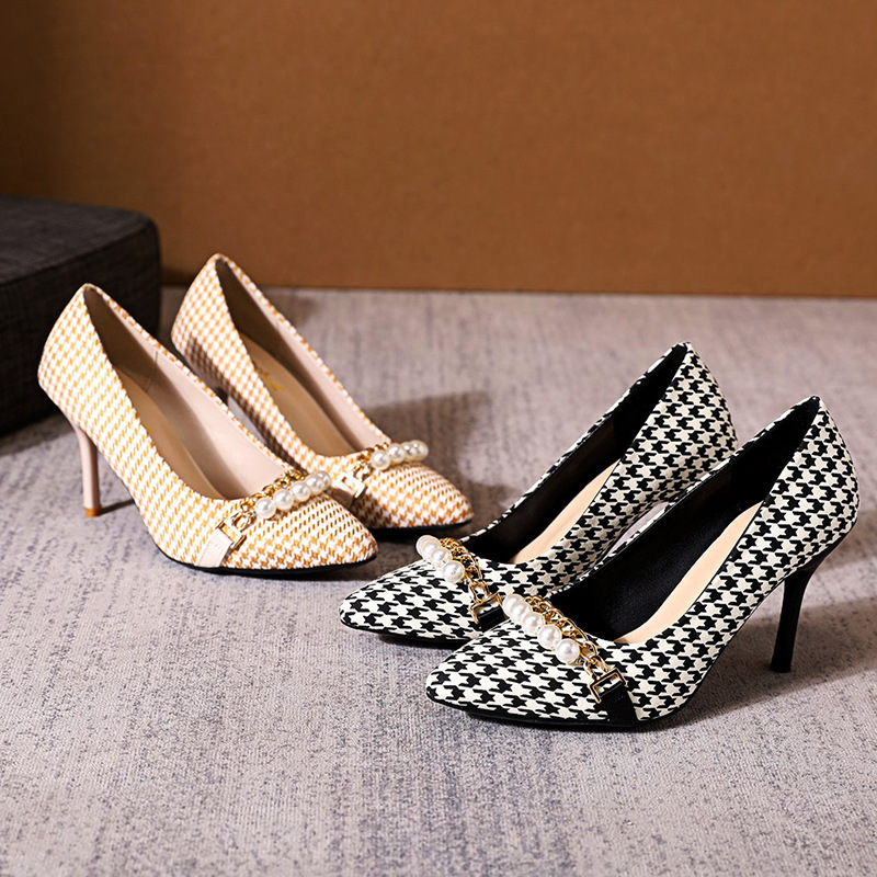 Elegant Stiletto Pointed Toe French Style Comfortable Shoes 2025 Autumn New Style Small Fragrant Houndstooth High Heels
