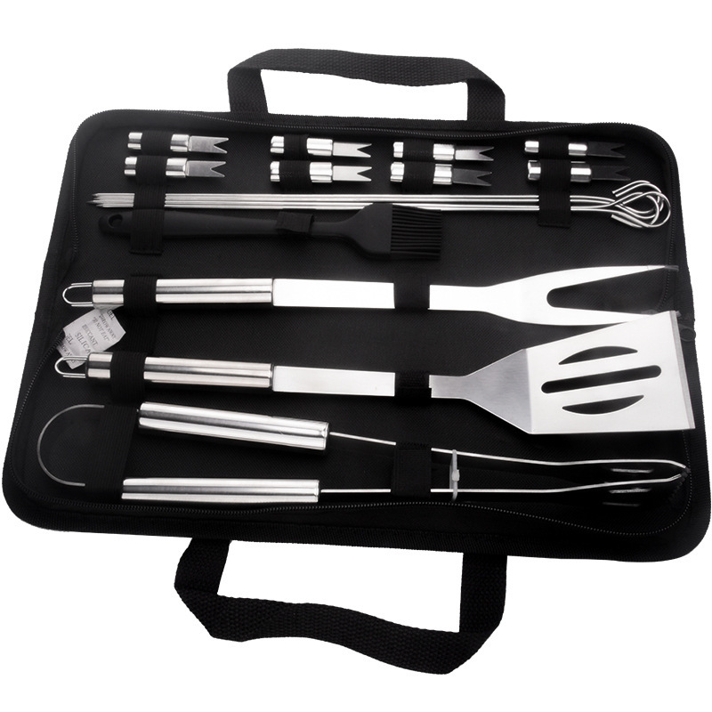Amazon BBQ pala tenedor clips kebab aguja de maíz dieciséis piezas cubiertas bolsa de tela conjunto de parrilla de acero inoxidable