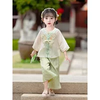 Новинка 2025 года, детский летний тонкий костюм Hanfu в древнем стиле, новый китайский костюм Тан, супер милые девочки-дети с девятью точками для детского сада