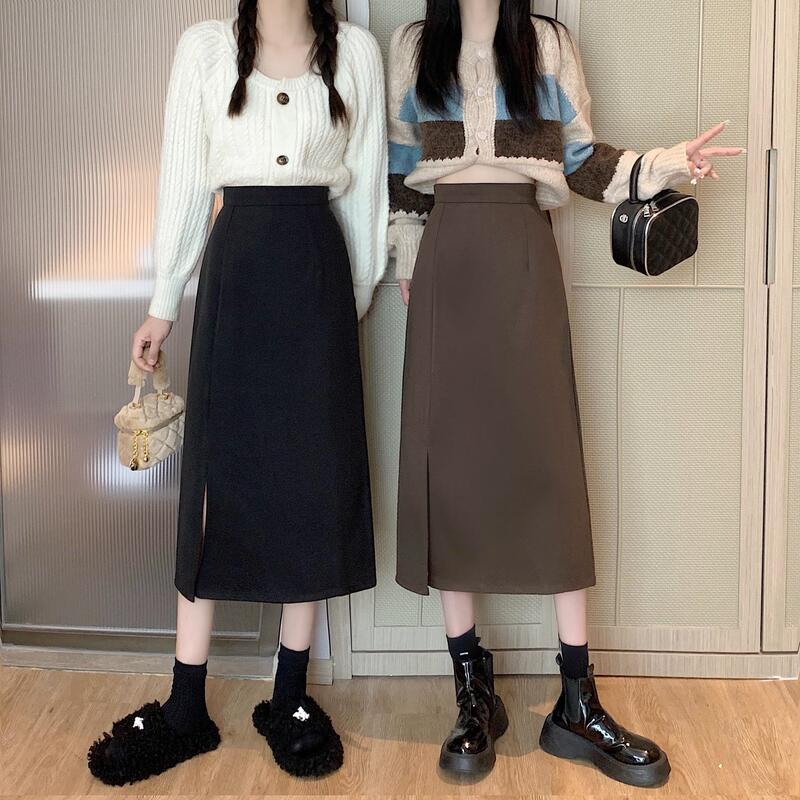 Autumn and Winter Mid-Length Skirt 2024 New Style with Sweater High-Waisted Slit Pencil Skirt Black Petite A-Line Skirt