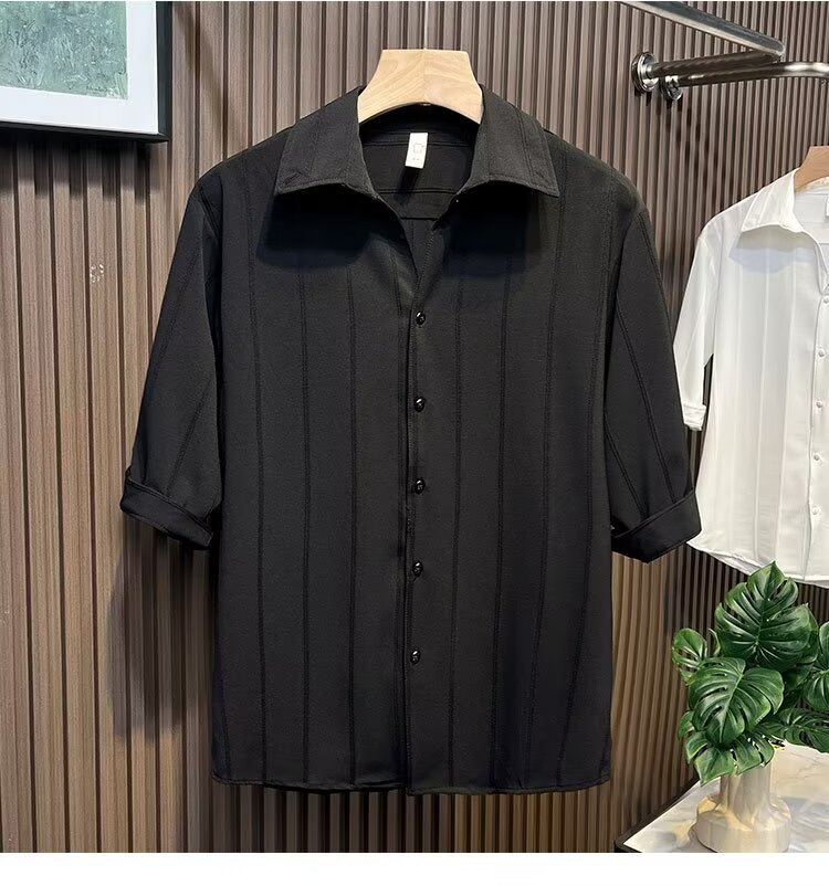 Camicia uomo a maniche corte a righe in misto seta casual_voghion.com