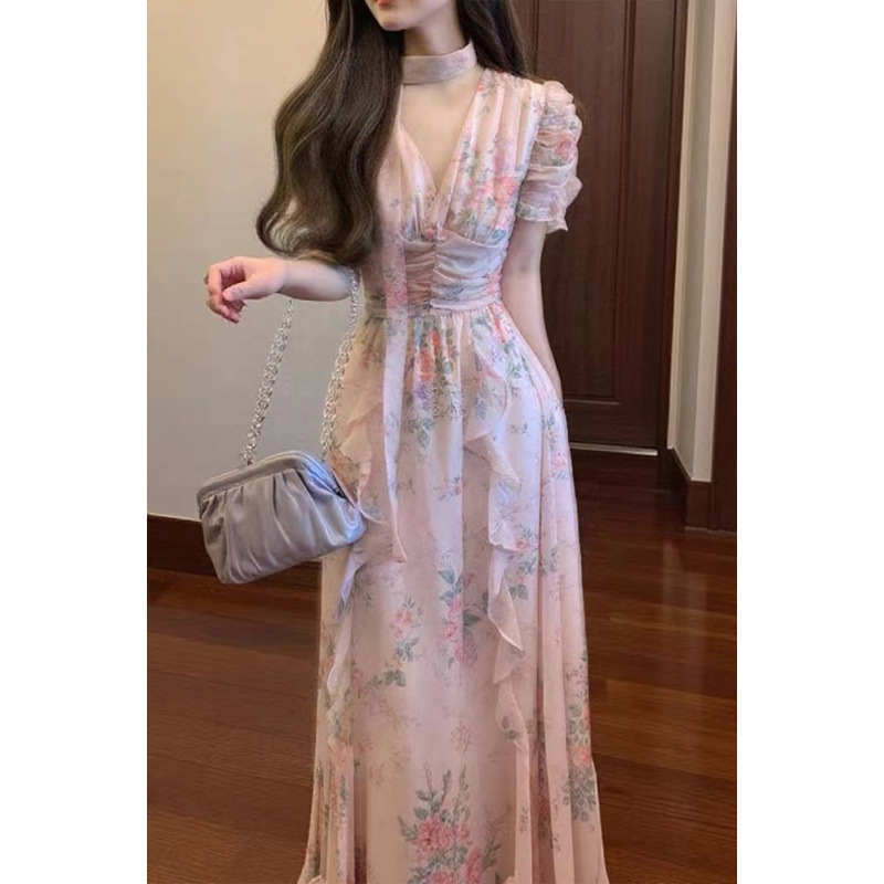 티 브레이크 프렌치 젠틀 스타일 핑크 칼라 꽃무늬 드레스 홀리데이 스타일 아름답고 독특한 허리 기질 비치 스커트