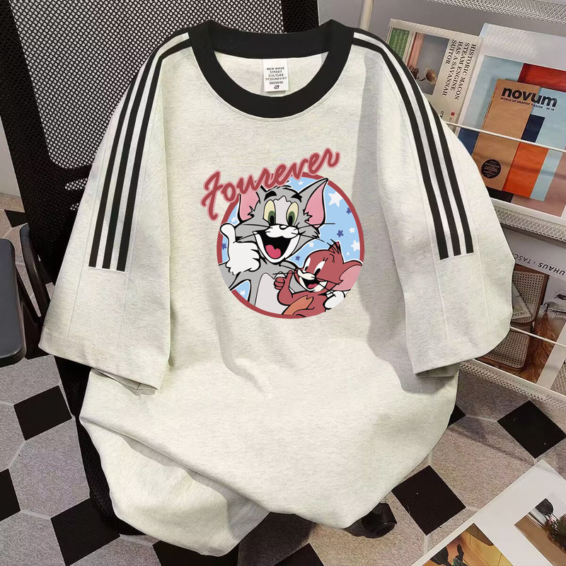 American Style Retro Pure Cotton Three-Bar Design Sense Cartoon Tom and Jerry Round Neck T-Shirt Short-Sleeved Loose Top Women's Ins