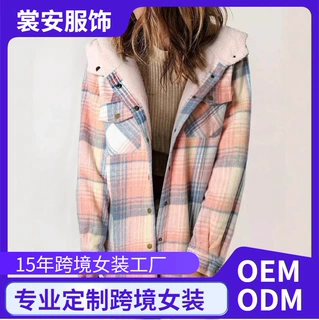 2024欧美亚马逊秋冬款女式格子夹克长袖毛毛连帽夹克外套 有口袋