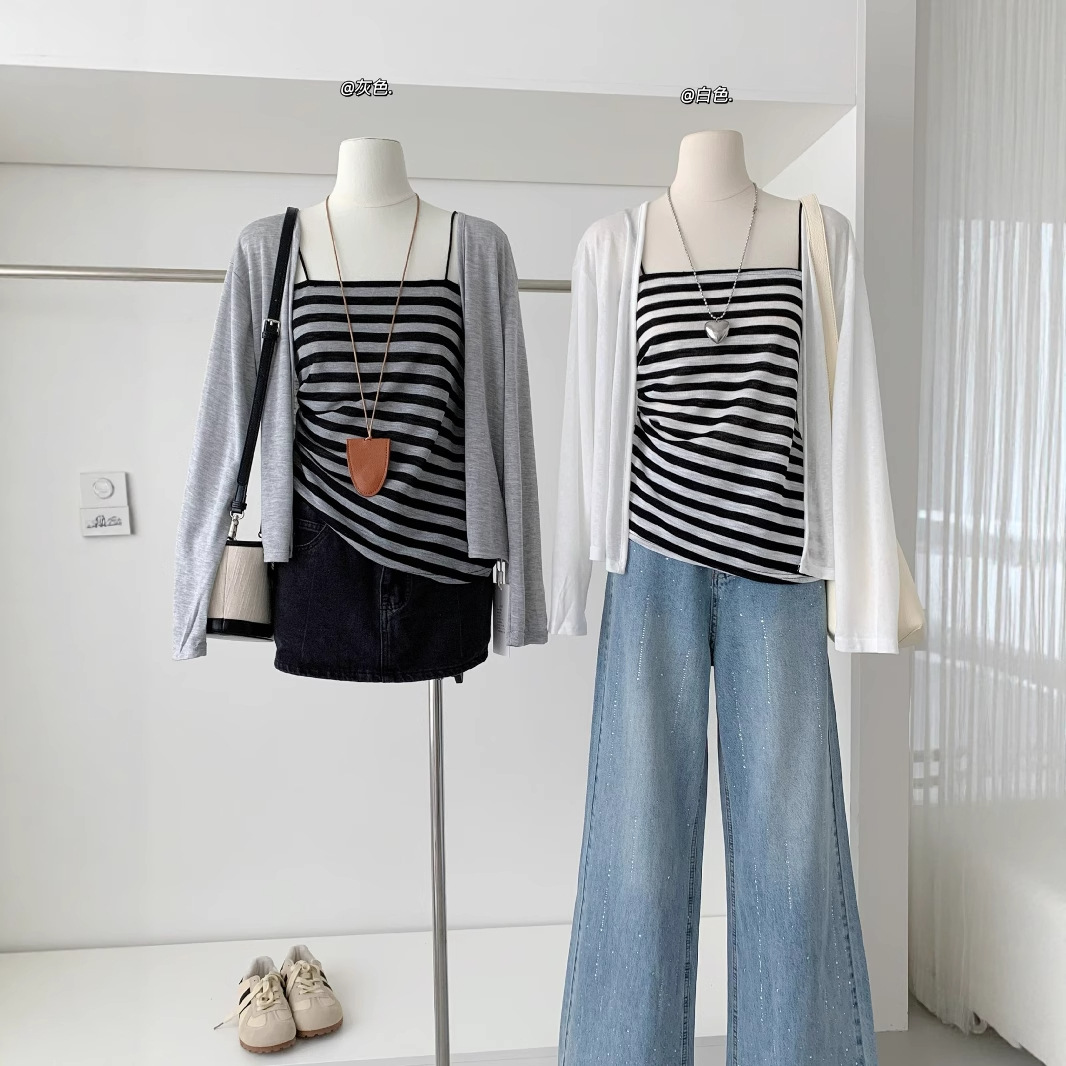 2025夏季新款韩版针织开衫薄外套+条纹不规则吊带背心两件套装女