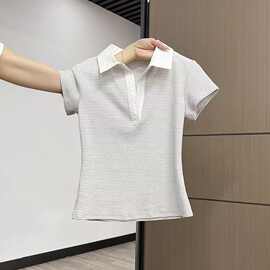 撞色条纹设计感polo翻领短袖T恤女2026夏季修身显瘦正肩上衣潮流