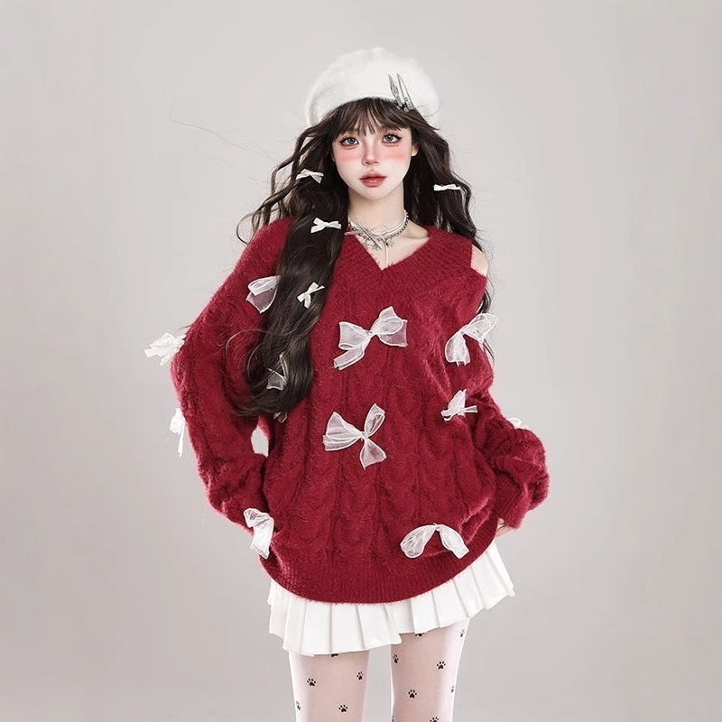 Christmas Bow Shoulder Sweater Women's Autumn and Winter Wear Design Sense Lazy Style Sweet Spicy Red Loose Knitted Top Christmas Bow Shoulder Sweater Women's Autumn and Winter Wear Design Sense Lazy Style Sweet Spicy Red Loose Knitted Top