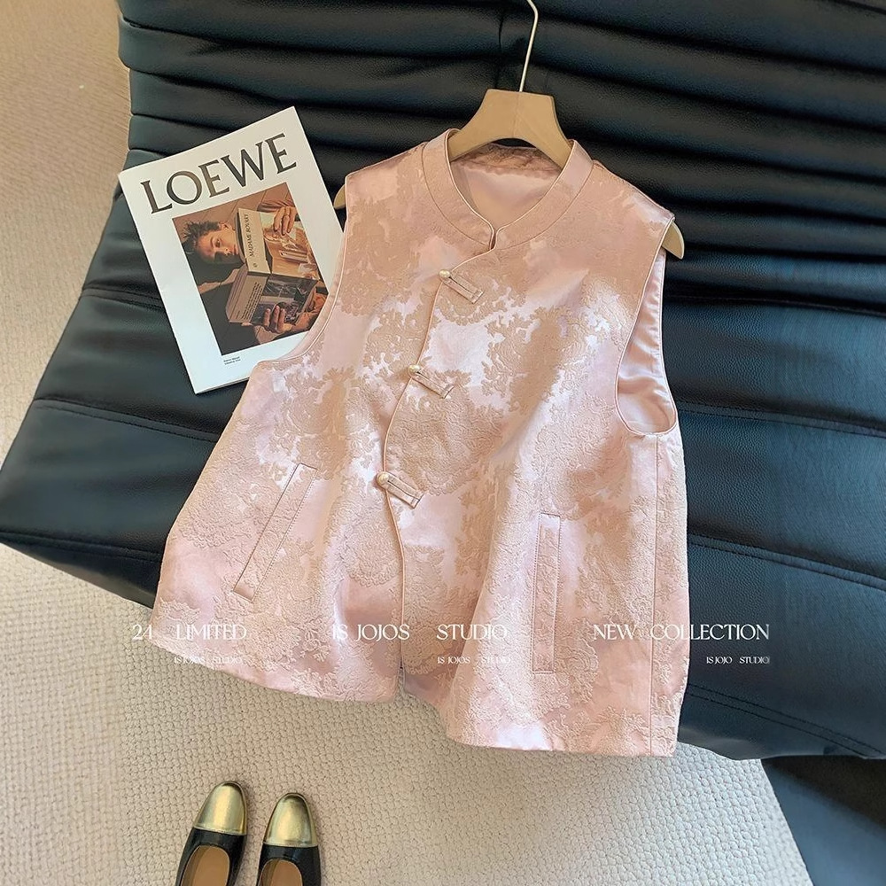 Dark pink patterned women's top, Chinese style vest, summer wear, high-end and stylish, with a traditional Chinese feel.