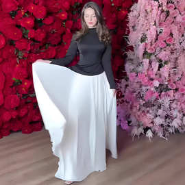 拼接亚马逊显瘦秋季收腰女欧美新款黑白大摆连衣裙2025褶皱气质