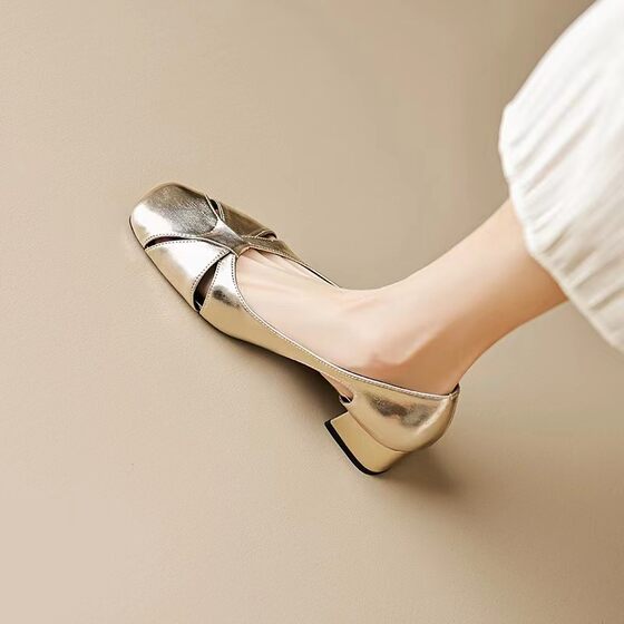 French retro silver low-cut sandals women's low heel 2023 Summer new elegant soft leather square toe chunky heel Mary Jane shoes