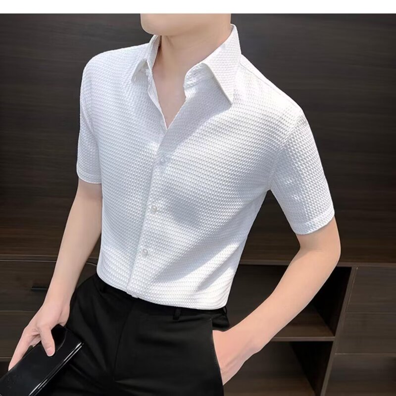 Summer waffle men's short-sleeved shirt high-end business casual drape fashion French pointed collar ruffian handsome shirt