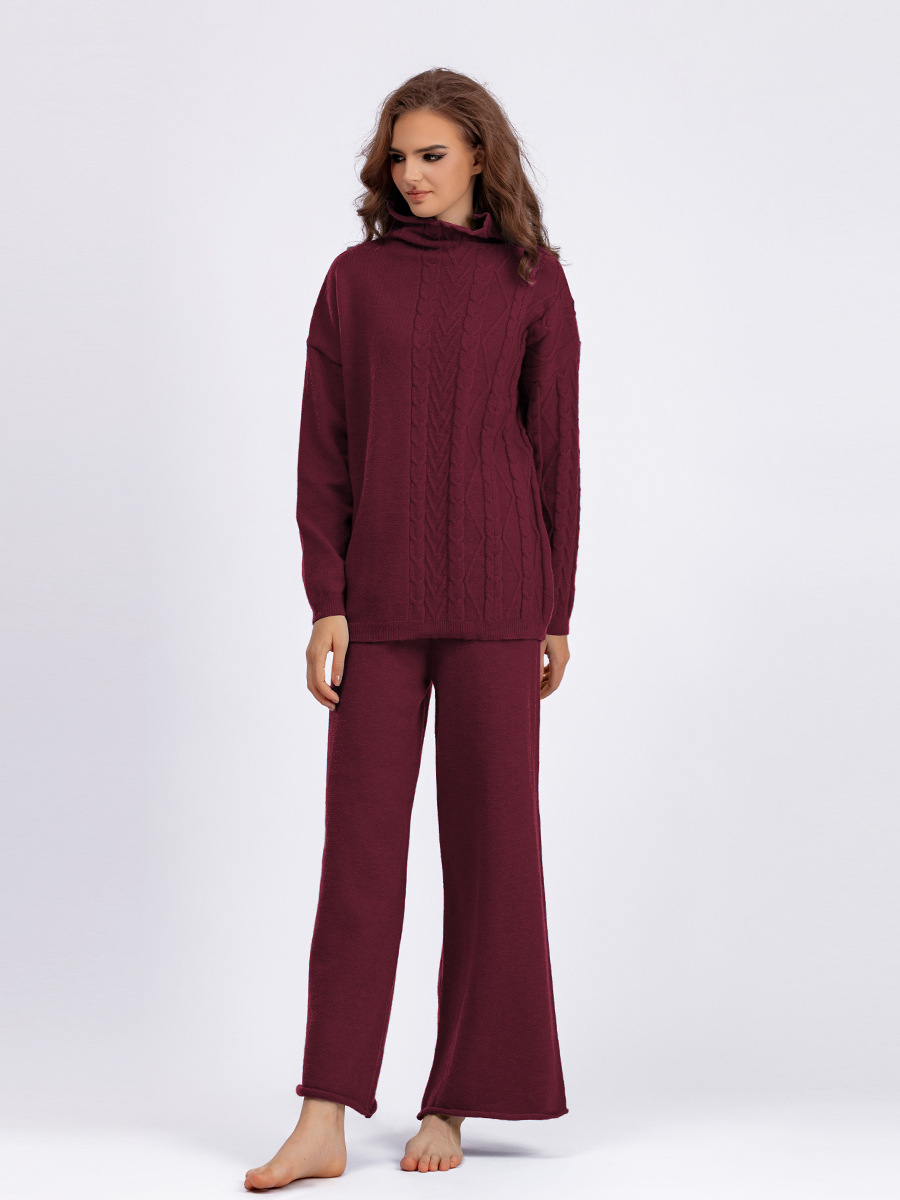 Damenbekleidung Herbst und Winter große Größe Rollkragenanzug Mode neue sanfte faule Stil Pullover zweiteiliges Set einfarbig gestrickt_voghion.com