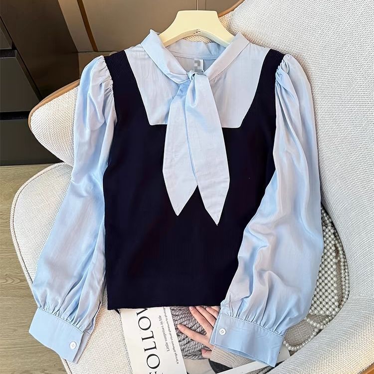 Fake Two-Piece Knitted Vest Spliced ​​Long-Sleeved Shirt for Women in Autum, Fashionable and Age-Reducing, Versatile Loose Lace-Up Top