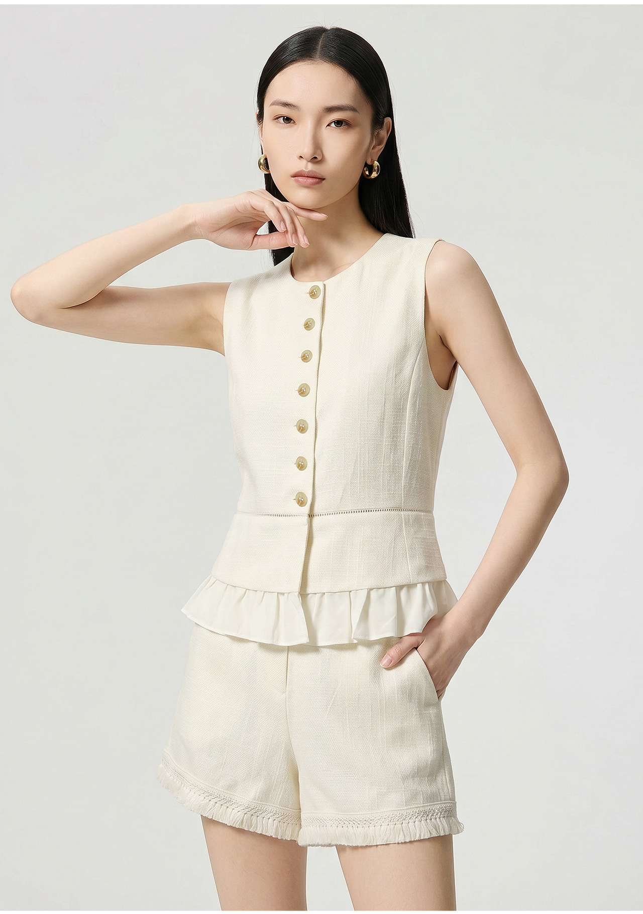 Bộ áo gi lê viền lá sen kết hợp quần short nữ mùa hè — màu mơ chi tiết 5