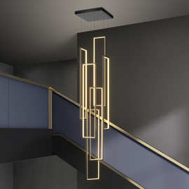楼梯吊灯别墅客厅公寓复式楼中空loft旋转楼梯间极简超长方框吊灯