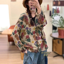 文艺复古印花棉线针织开衫女上衣秋冬新款宽松大码长袖毛衣针织衫