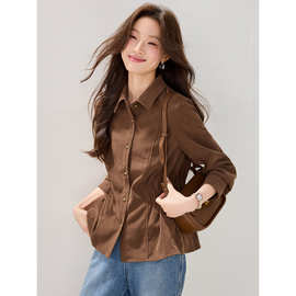 2025秋冬新款磨毛肌理感气质法式长袖上衣时尚显瘦翻领收腰衬衫女