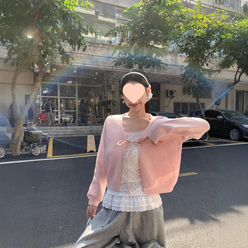 Song Zheng Pink Lace-Up Knitted Cardigan for Women, New Spring Korean Style Loose and Lazy Sweater Short Top